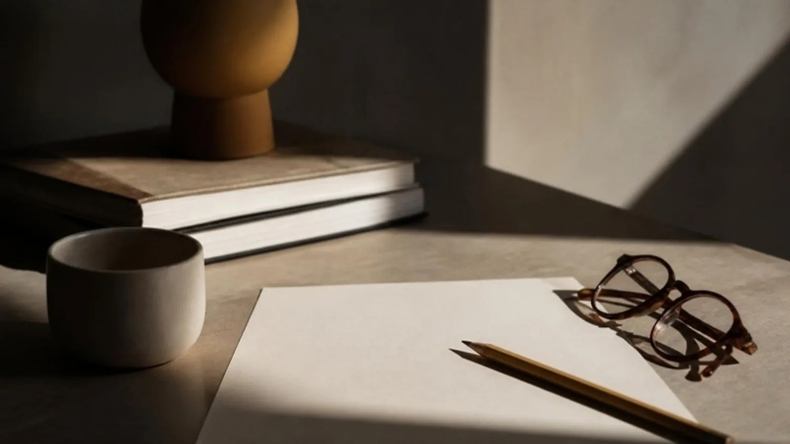 Escritorio con papel, lápiz y gafas