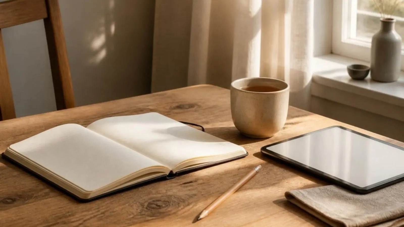 Mesa tranquila en casa con cuaderno, lápiz y taza